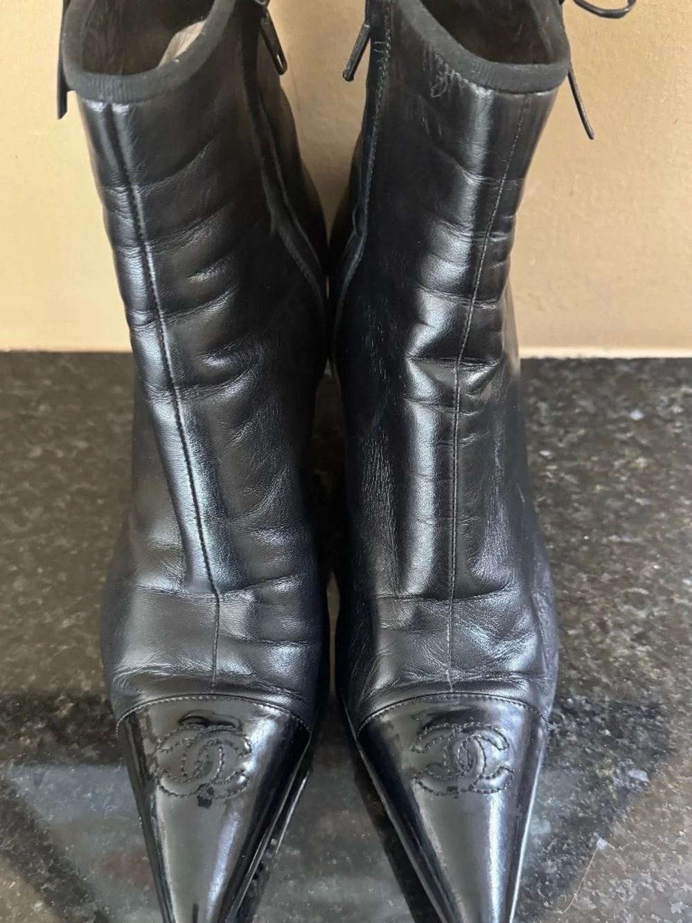 Size 8.5 CHANEL Women’s Black Leather Pointed-Toe Ankle Boots with Patent Cap